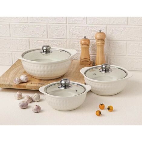 Zellerfeld 3 tlg. Kochtopf-Set aus Keramik Weiß Glasdeckel für alle Herdarten