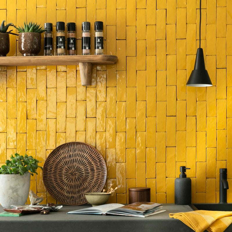 Ro'ma Nature - Zellige véritable Carrelage Artisanal - 5x15 cm - Jaune Moutarde (vendu par boîte de 0,5m²)