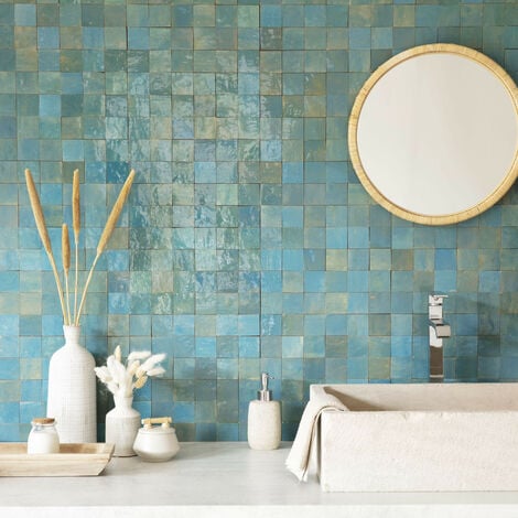 Zellige véritable Carrelage Artisanal - 5x5 cm - Bleu Lazuli (vendu par plaque de 0,09 m² - 30x30 cm)