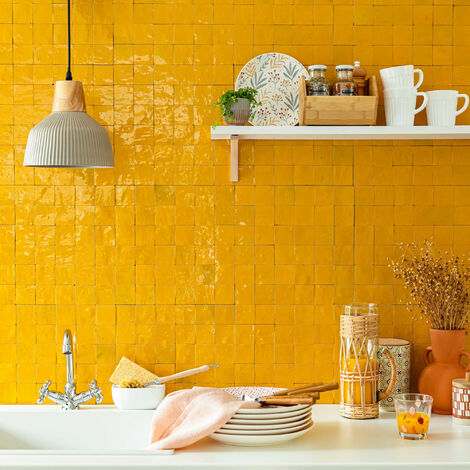 Zellige véritable Carrelage Artisanal - 5x5 cm - Jaune Moutarde (vendu par plaque de 0,09 m² - 30x30 cm)