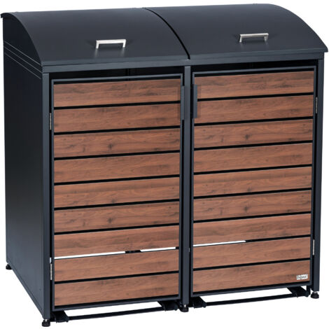 Zelsius Mülltonnenbox mit abgerundetem Deckel für zwei 120 - 240 Liter Mülltonnen, Walnuss, RAL 7016
