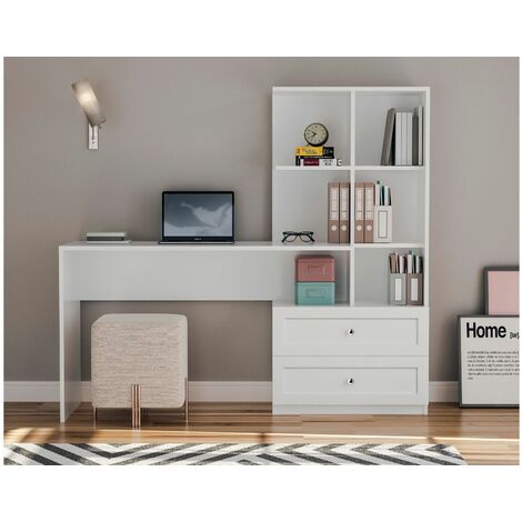 Zenio Side Schreibtisch mit Bücherregal und Schubladen, Weiß - Farbe:Weiß