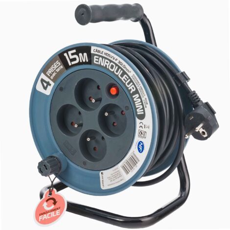 Zenitech – Enrouleur électrique 15m 4 prises 16A 2P+T – Protection thermique – IP20 – 900W enroulé, 2300W déroulé – Câble H05VV-F 3G1mm²