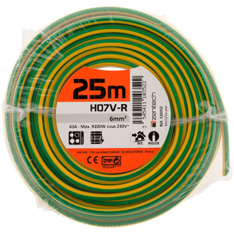 Zenitech – Câble d'alimentation électrique H07V-R 6mm² Jaune et Vert – Longueur 25m – Pour appareils mobiles légers et électroménagers