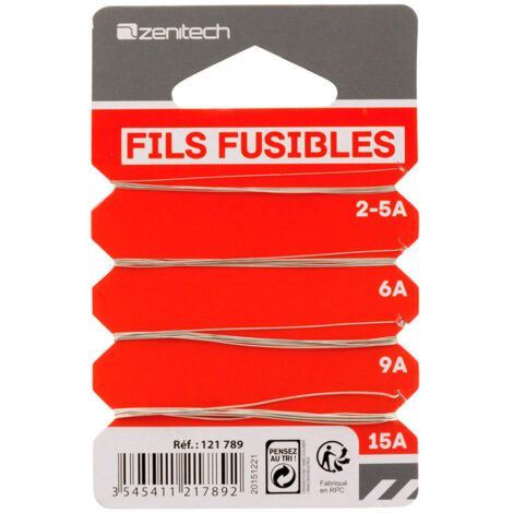 Zenitech – Fils fusibles 230V – Cuivre-étain – Intensités 2.5A/6A/9A/15A – Protection circuits électriques – Lot de 5 unités