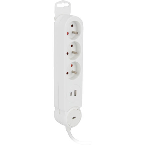 Zenitech – Multiprise 3 prises 16A avec 2 ports USB A+C – Interrupteur lumineux – Puissance 3680W – Longueur câble 1,4m - 3x16A
