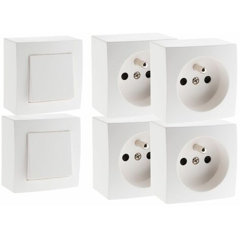 Zenitech – Pack de 2 interrupteurs va-et-vient + 4 prises 16A en saillie – Polycarbonate blanc – Installation facile avec bornes automatiques