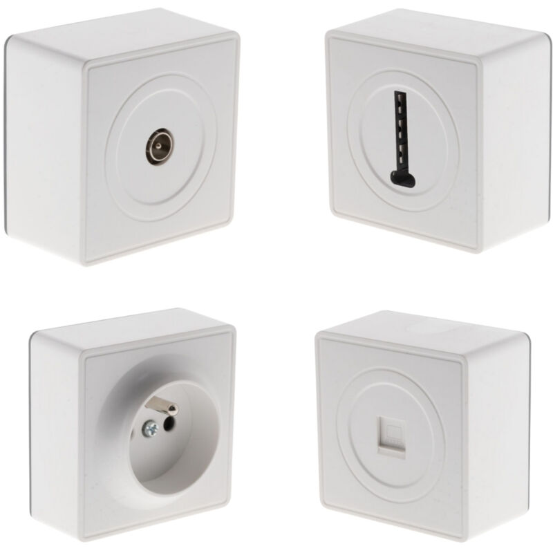 Prise simple en saillie + prise tv Ø9,52 mm + prise téléphone RJ45 + prise téléphone 8 plots Zenitech Prise simple en saillie + prise tv Ø9,52 mm + prise téléphone RJ45 + prise téléphone 8 plots Zenitech