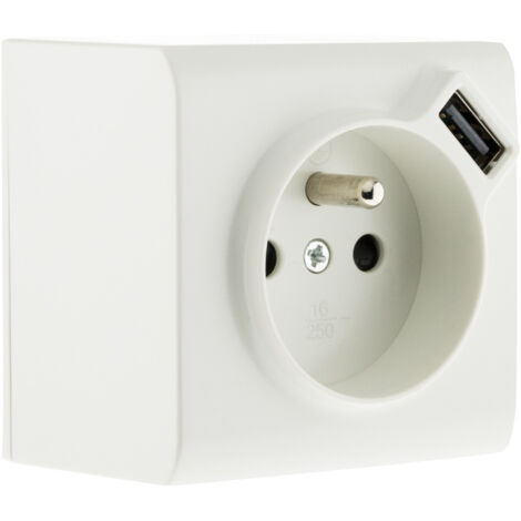 Zenitech – Prise de courant saillie 16A 2P+T avec prise USB – Borne automatique – 3680W sous 230V – Section câble 2x2,5mm² – Blanc