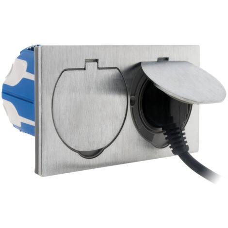 Zenitech – Double prise étanche 2P+T 16A – Finition aluminium brossé – Clapet de protection aimanté – Installation rapide avec bornes automatiques