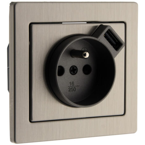 Zenitech – Prise encastrable 2P+T Inox brossé – Chargeur USB 2,4A – Puissance 3680W sous 250V – Épaisseur 5mm pour intégration discrète