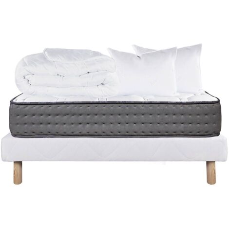 ZENITH - Pack Matelas  + Sommier Tapissier Blanc 160x200 cm + 2 Oreillers + 1 Couette