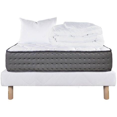ZENITH - Pack Matelas + Sommier Tapissier Blanc 90x190 cm + 1 Oreiller + 1 Couette