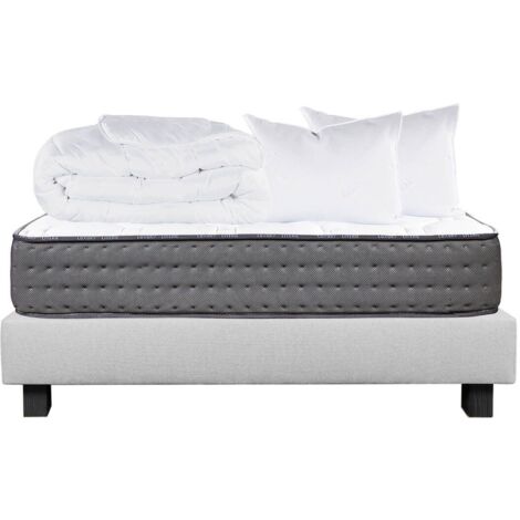 ZENITH - Pack Matelas + Sommier Tapissier Gris 140x200 cm + 2 Oreillers + 1 Couette
