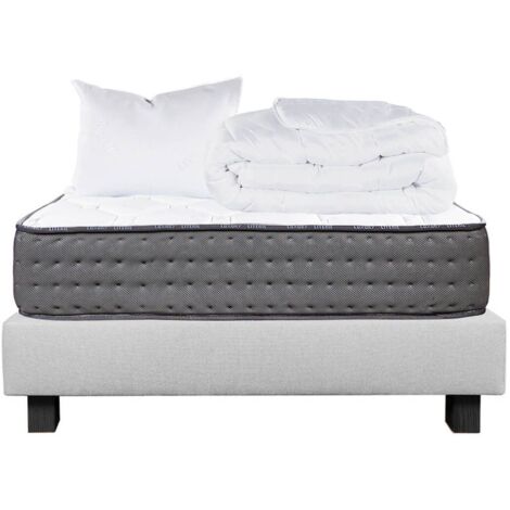 ZENITH - Pack Matelas + Sommier Tapissier Gris 90x190 cm + 1 Oreiller + 1 Couette