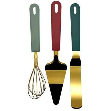 Zenker Set pasticceria 3 pezzi, parte funzionale in acciaio inox 18/0 color oro e manici in PP colorati. Frusta 24,5cm, spatola 27cm, paletta servitorta 27,5 cm