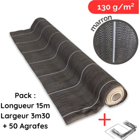ZENLYS Pack 50 Agrafes Toile de paillage anti mauvaises herbes Longueur 15m Largeur 3,3m Marron 130g m2 Grande Largeur 3 mètres