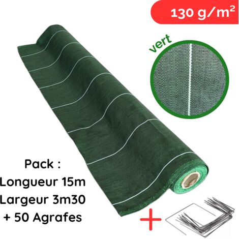 ZENLYS Pack 50 Agrafes Toile de paillage anti mauvaises herbes Longueur 15m Largeur 3,3m Vert 130g par m2 Grande Largeur 3M