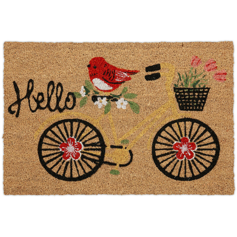 Relaxdays - Paillasson en fibres de coco, inscription, vélo, 40 x 60 cm, tapis pour intérieur et extérieur, multicolore