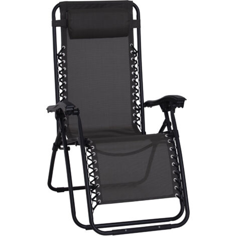 Zero Gravity Chair Metal Frame Texteline Armchair Outdoor Folding and Reclining Sun Lounger with Head Pillow for Patio Decking Gardens Camping, Black