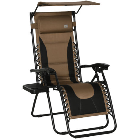 Zero Gravity Lounger Chair, Folding Reclining Patio Chair with Shade Cover, Padded Seat, Cup Holder, Soft Cushion and Headrest for Poolside, Camping, Coffee