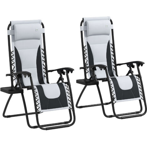 Zero Gravity Lounger Chair Set of 2, Folding Reclining Patio Chair with Padded Seat, Cup Holder, Soft Cushion and Headrest for Poolside, Camping, Grey
