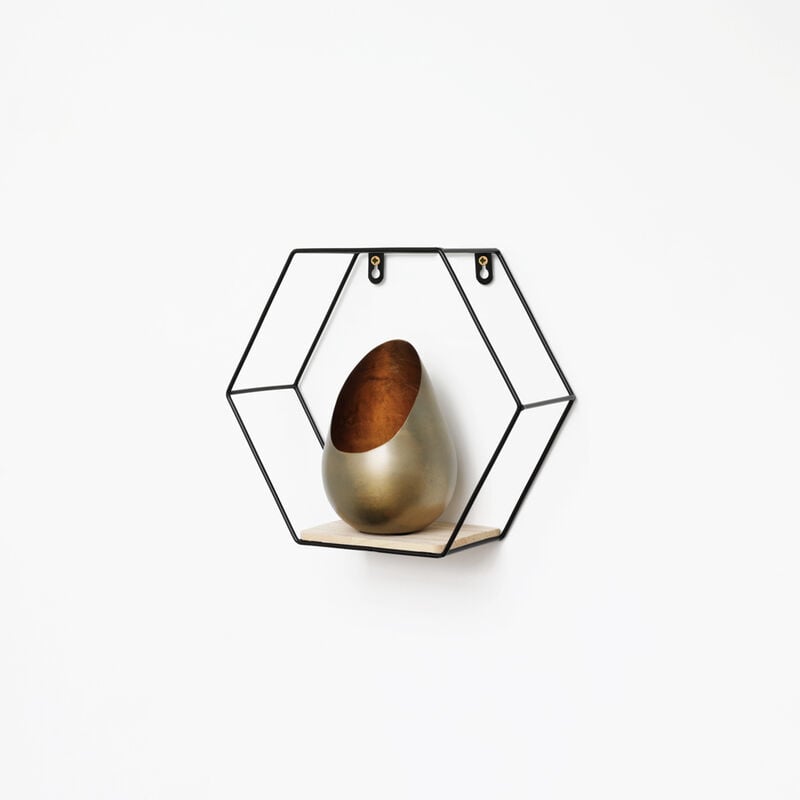 Vivol - Etagère murale hexagonale en métal avec 1 tablette en bois - 25x28,5 cm - Noir