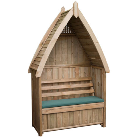 Zest Cheltenham Arbour Wooden Garden Seat & Storage Box & Green Seat Pad Cushion