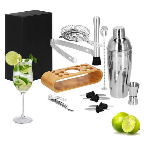 Zestaw barman italiano per cocktail con 12 elementi, supporto di bambù, set argentato.