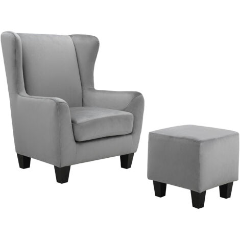 Zhili-Fauteuil + Tabouret en Gris Velours