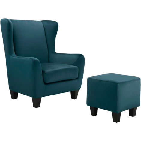 Zhili-Fauteuil + tabouret en velours pétrole