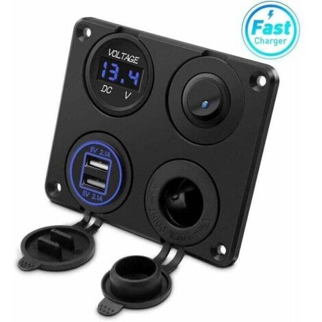 Zigarettenanzünderbuchse, zwei USB-Anschlüsse (4,2 A), 12-V-Gleichstromsteckdose, Schalter und Voltmeter mit LED-Anzeige. Wasserdichte Steckdose für 12-V-/24-V-Fahrzeuge wie Autos, Boote, Motorräder, 