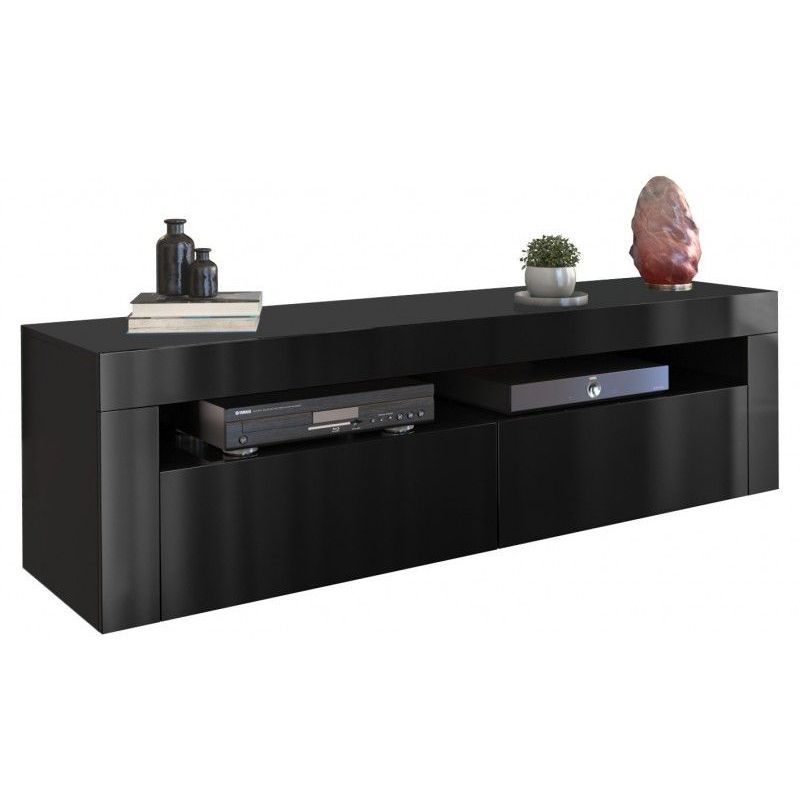 ZIGI - Meuble TV style moderne salon/séjour - Dimensions : 45x160x40 cm - Double finition - Avec rangement matériel audio/vidéo - Noir