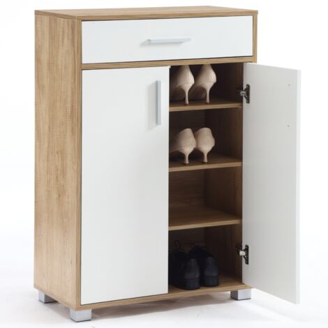 ZIK Scarpiera Salvaspazio da Ingresso Slim 2 Ante 1 Cassetto 5 Ripiani in Legno cm 63x33x95 - Bianco e Rovere