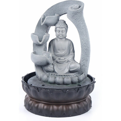 Zimmerbrunnen Zierbrunnen Brunnen Buddha Brunnen Wasserspiel Harz mit LED-Beleuchtung 28cm Deko Springbrunnen Grau