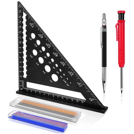 Zimmermannswinkel, Multifunktions-Zimmermannswinkel 180 mm [Baubleistift + 18 Minen] Metall, Zimmermannsmaßstab, Winkelmesser, Lineal von 45 bis 90 Grad, Zimmermannswerkzeuge