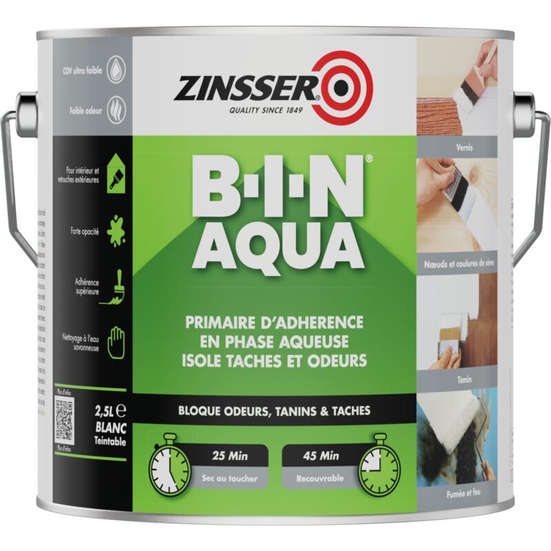 Zinsser Bin Aqua - Primaire d'Accrochage en Phase Aqueuse Opacifiant et Isolant Conditionnement: 2.5L