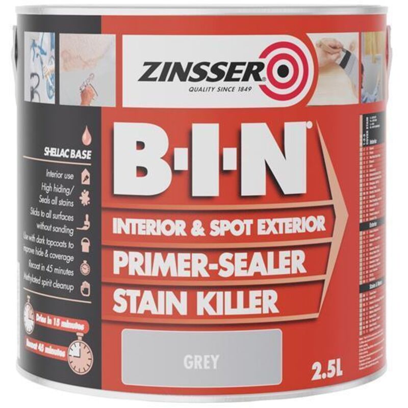 Zinsser - ZN7020353C1 b.i.n® Primer, Sealer & Stain Killer Paint Grey 2.5 litre ZINBING25L