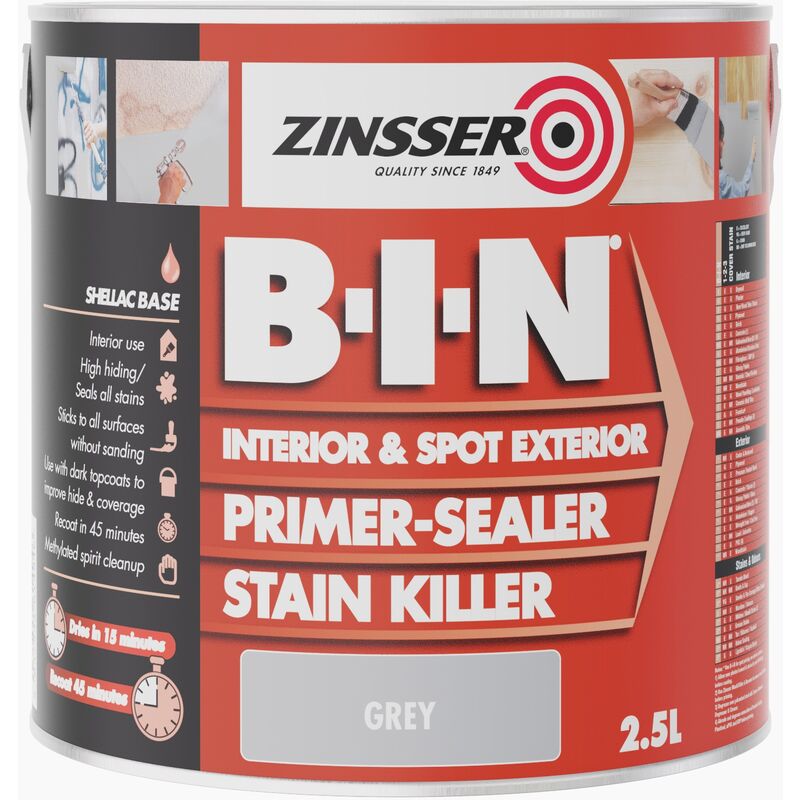 Bin Primer Sealer - Stain Killer Paint - Grey - 2.5L - Grey - Zinsser