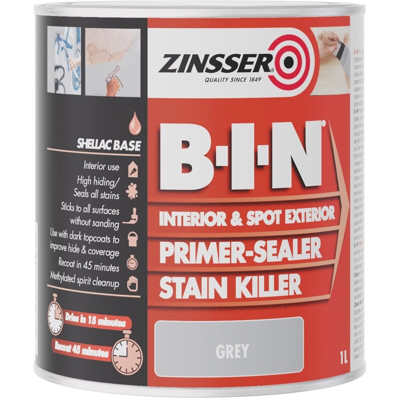 Bin Primer Sealer - Stain Killer Paint - Grey - 1L - Grey - Zinsser