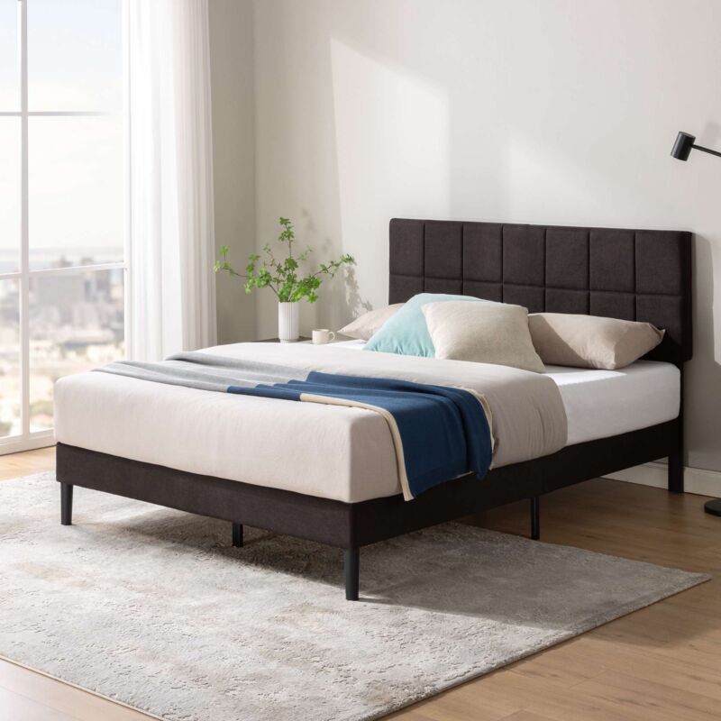 Zinus - Carly Lit capitonné 140x190 cm, Lit 2 personnes, Cadre de lit rembourré avec tête de lit, Hauteur 30 cm, Gris foncé