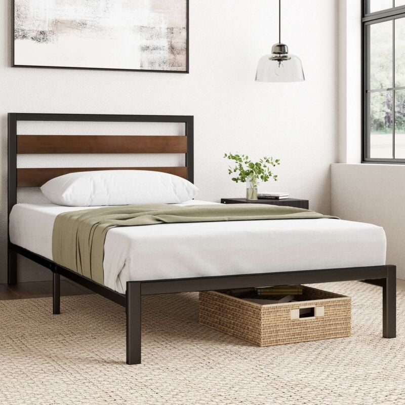 Zinus - Kai Lit 90x190 cm - Cadre en bambou et métal avec tête de lit, lattes robustes, montage facile, 35 cm de hauteur, Noir/Marron