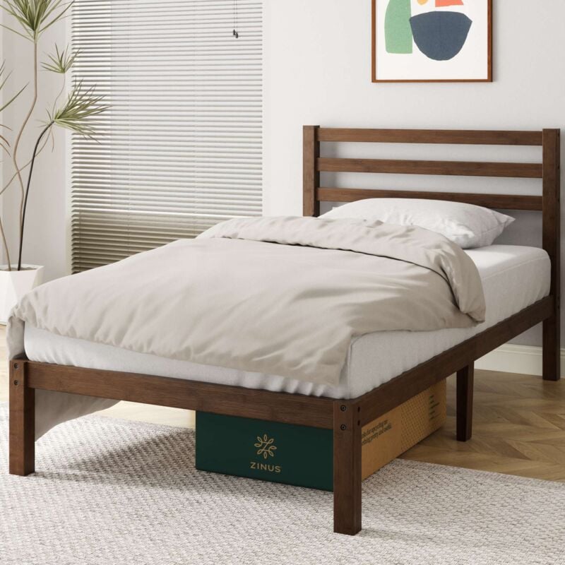 Zinus - Leni Lit 1 personne, Lit 90x190 cm, Cadre de lit en bois avec lattes, Hauteur 28 cm, Design Écologique et Durable