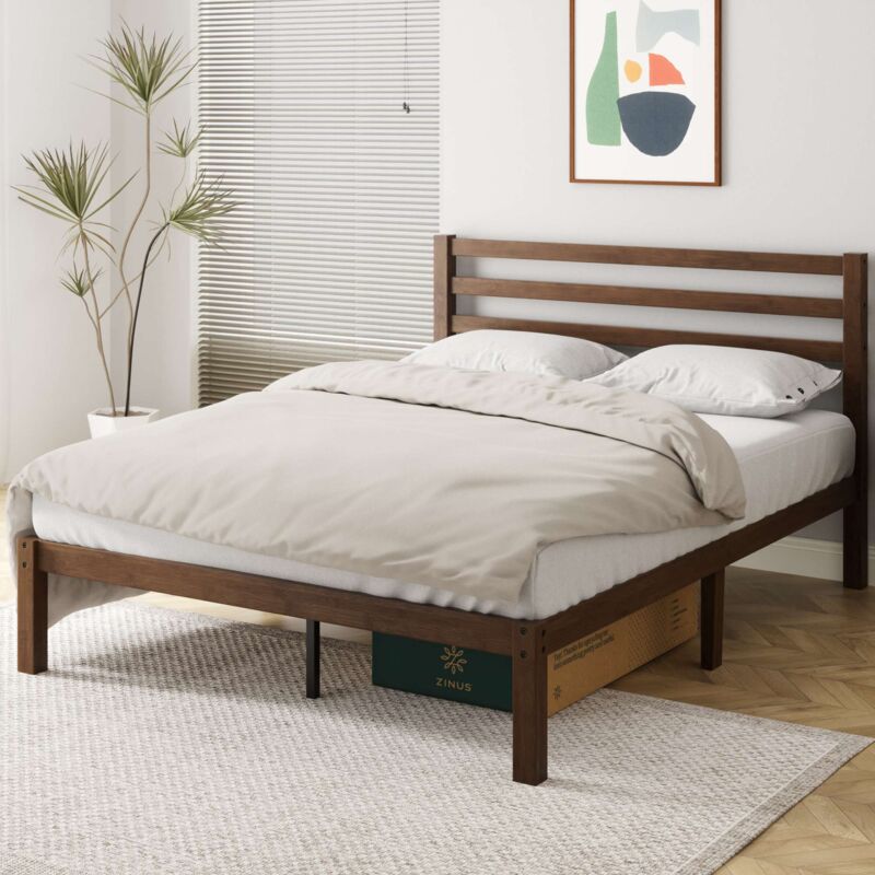 Zinus - Leni Lit 2 personnes, Lit 140x190 cm, Cadre de lit en bois avec lattes, Hauteur 28cm, Design Écologique et Durable