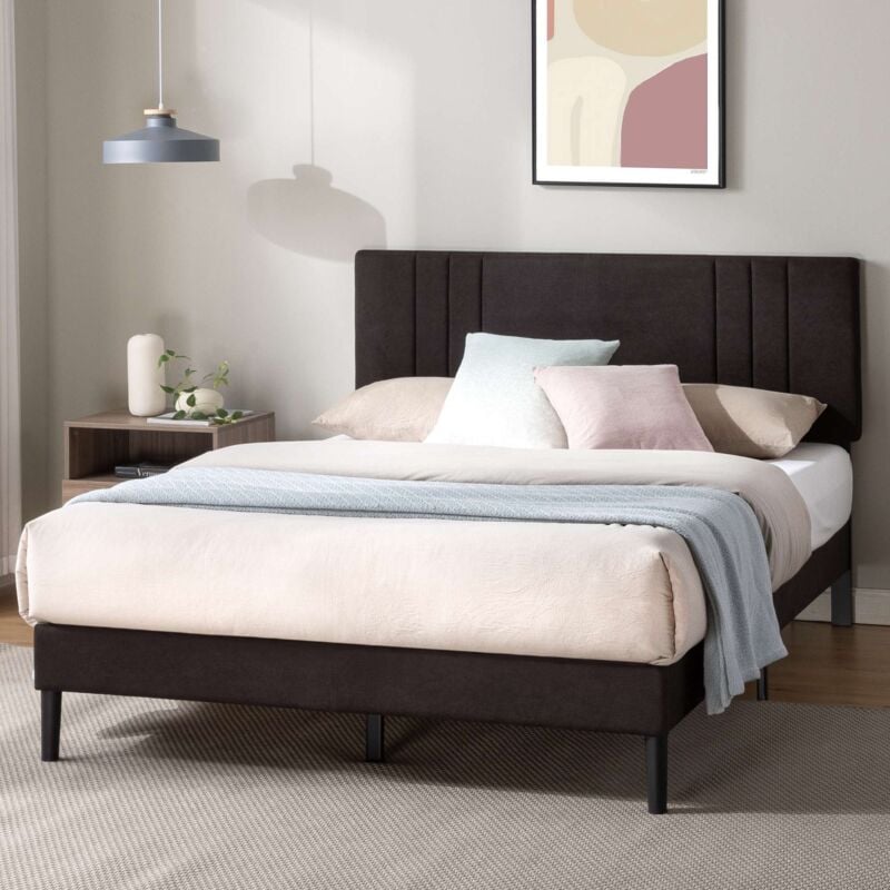 Zinus - Zoya Lit capitonné 140x190 cm, Lit 2 personnes, Cadre de lit rembourré avec tête de lit, Hauteur 30 cm, Gris foncé