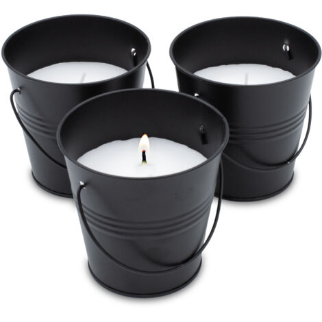 Zitronella Kerze im Metall Eimerchen schwarz - 3er Set - Duftkerze mit frischem Zitronen Aroma - Garten Balkon Camping Bistro Licht 40 Std. Brenndauer