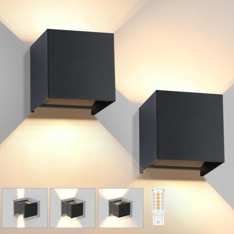 2 Pack Applique Murale Intérieure/Extérieure led Noir, 3W G9 Applique Murale Moderne IP65 Étanche 3000K Blanc Chaud Avec Angle de Faisceau Réglable