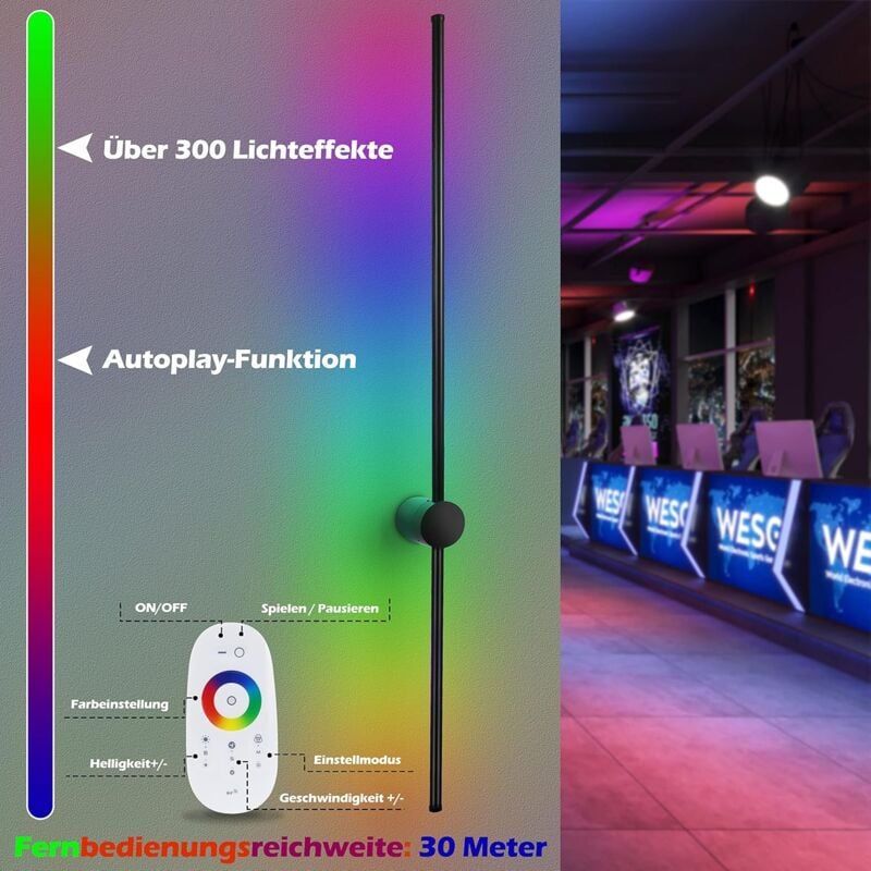 ZMH - Applique murale d'intérieur led rvb - 100 cm - Éclairage à intensité variable en aluminium avec télécommande - Noir - 8 w - Pour restaurant,