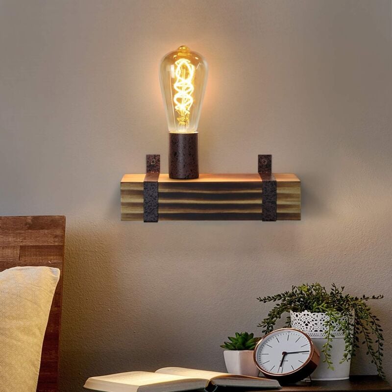 Applique Murale Intérieure vintage en bois murale industrielle salon lampe chevet luminaire veilleuse avec douilles E27 pour chambre décor de bureau