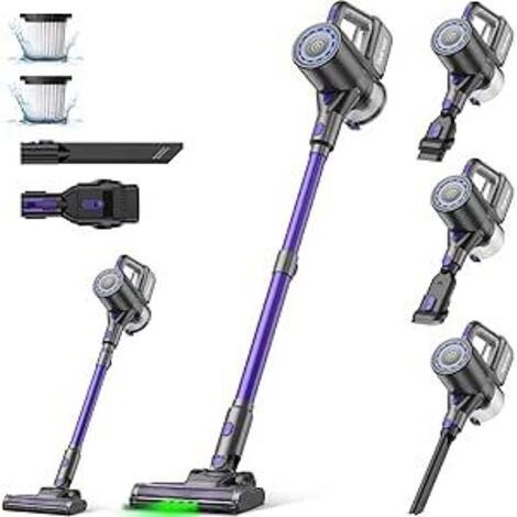 ZMH Aspirateur à batterie - Carrosserie violette - Puissance d'aspiration de 40 kPa - Brosse de sol à LED verte pour nettoyage visuel - Filtration HEPA 5 étages - Télescopique et autonome - Adapté aux